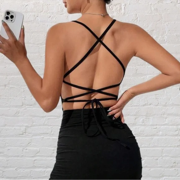 Just Quella Spaghetti Strap Criss Cross Tie Back Mini Dress - Picture 2 of 3